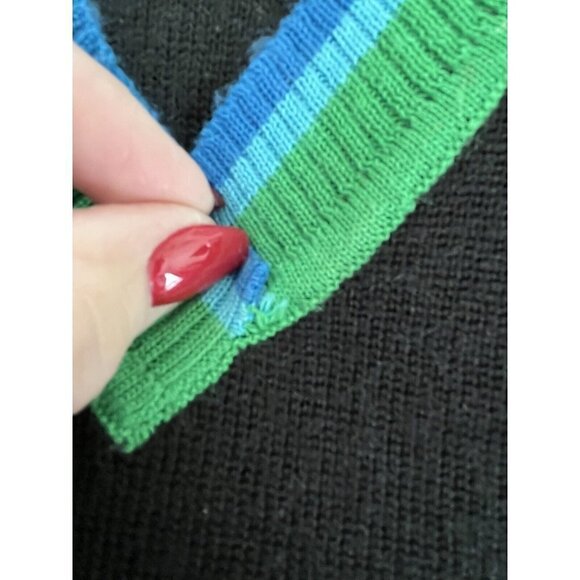 Obermeyer Womans Sz S Black Pink Blue Striped V Neck Wool Blend Pullover Sweater - Picture 7 of 8